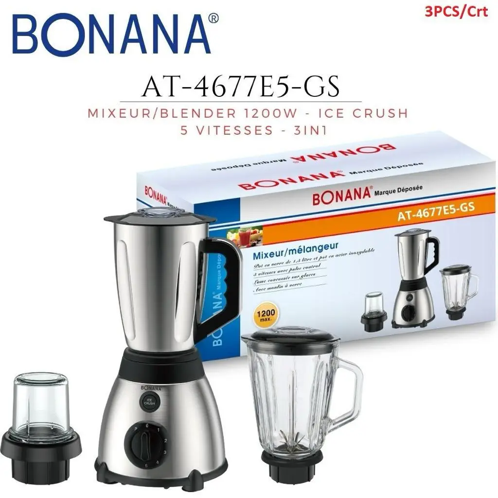 ⁦bonana Blender mixeur smoothie avec deux bols inox et verre + moulin d'épices / 5 Vitesses - 3 en 1⁩ - الصورة ⁦1⁩
